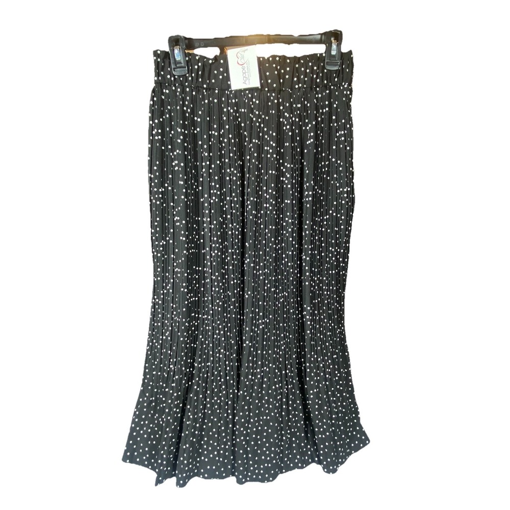 Exlura Pleated Skirt Large Black Polka Dot Maxi Stretchy Swing Flowy Feminine